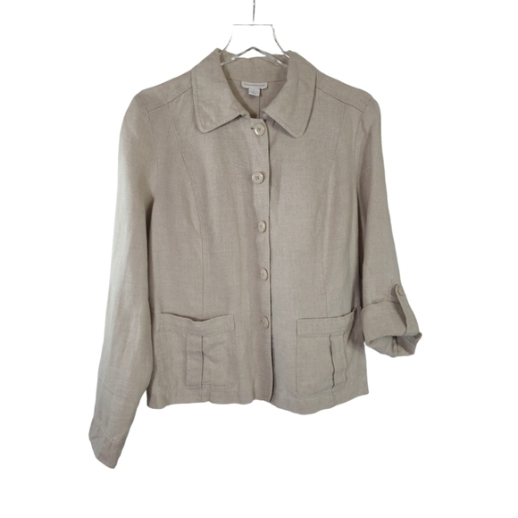 CHARTER Club 100% Linen Button Down Roll Tab Sleeve Shirt Jacket - Cream Size L - Picture 1 of 9